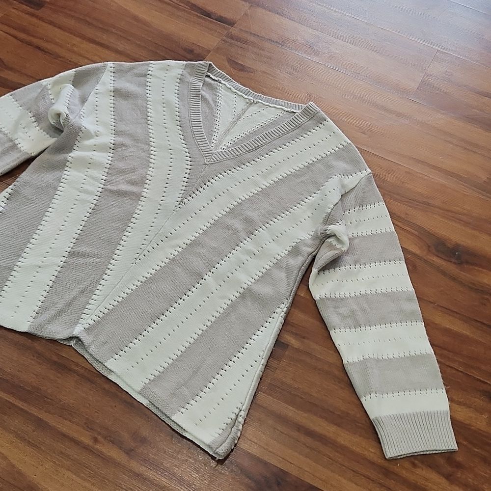 Striped Chevron Vneck Eyelet Sweater